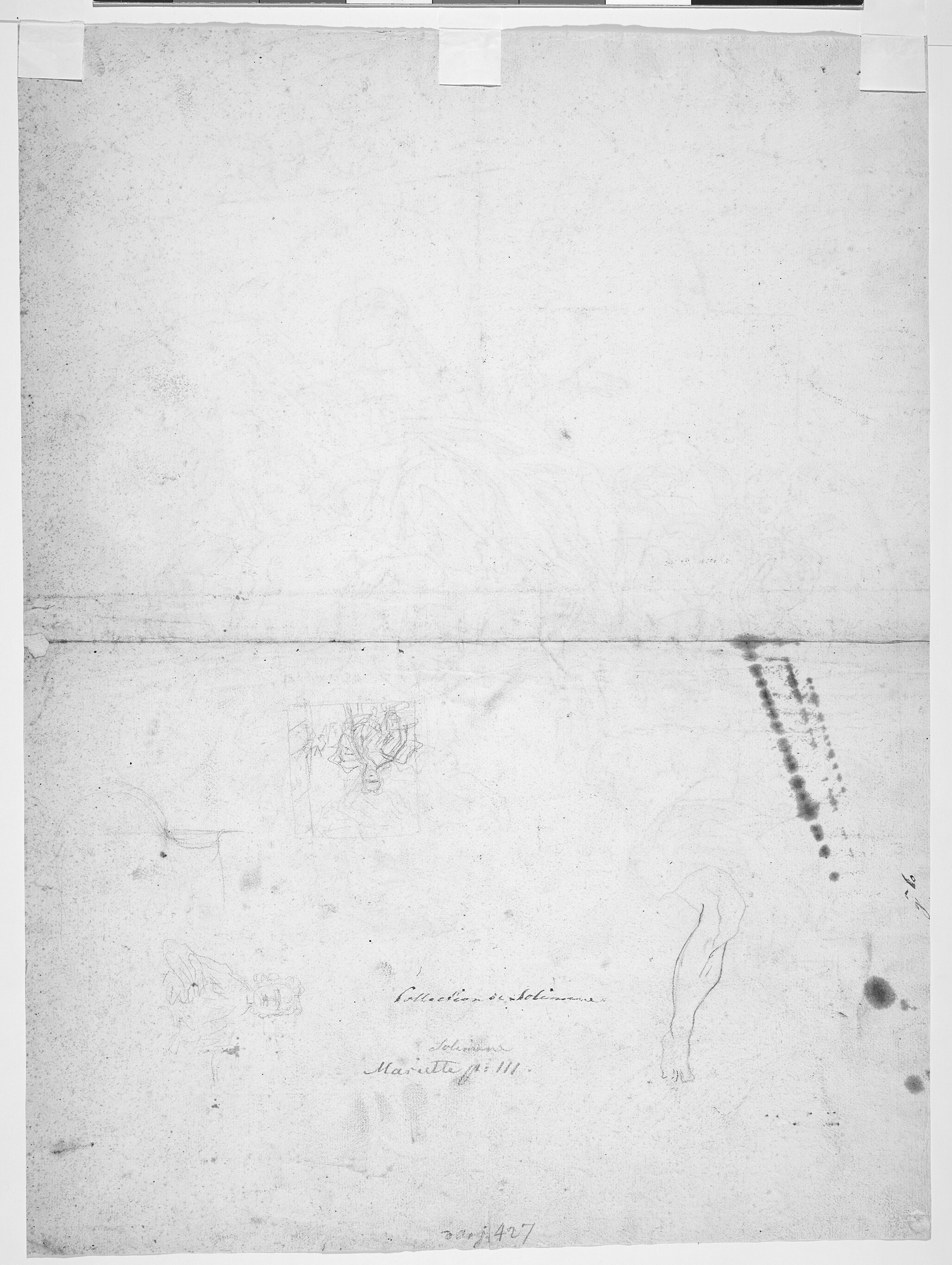 Jomfru Marias Himmelfart (rids af detalje fra tegningens recto) samt to portrætrids af mand i halvfigur